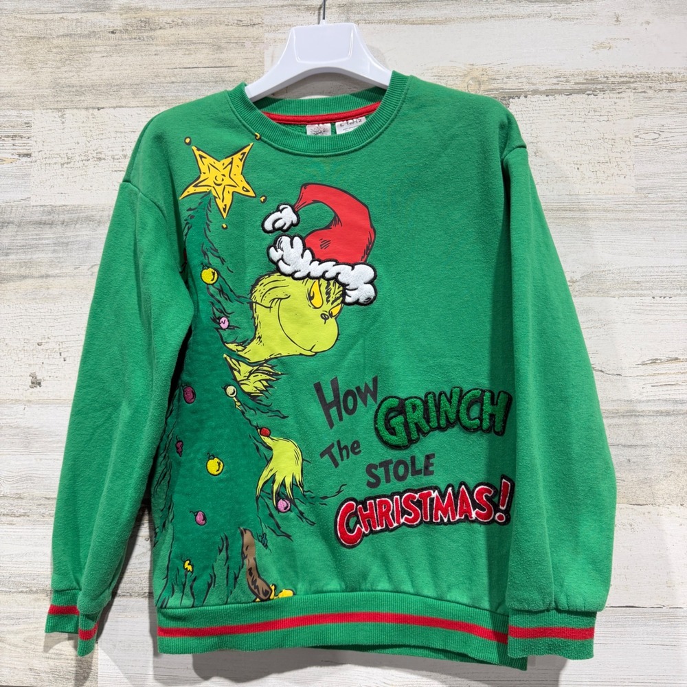 Dr. Seuss Grinch Sweatshirt Kids L 10/12 Green Christmas Graphic Holiday GUC